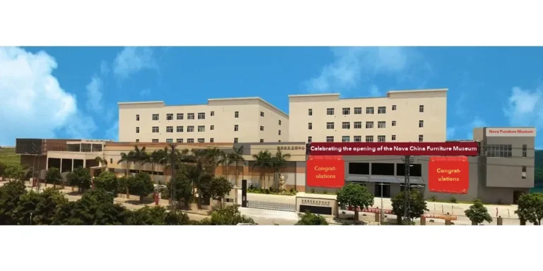 Headquarters of a Dongguan furniture manufacturer that describes itself as a contract maker for international brands; the banner celebrates the.