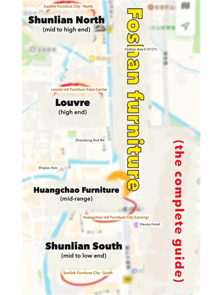 a buyer's map of the Lecong strip, with each mall labelled by price level: Shunlian North and the Louvre at the top end, Huangchao in the middle.