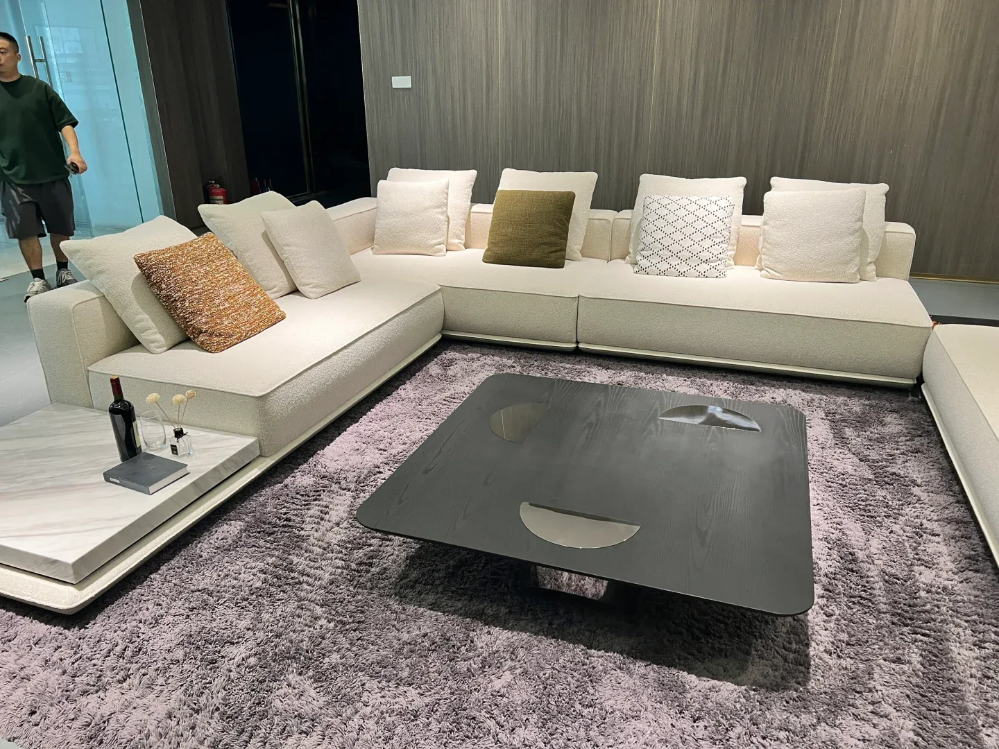 A modular sofa in a Lecong brand showroom photographed by the Jiangsu buyer who planned her own two-day trip. She shortlisted brands from a buyer.