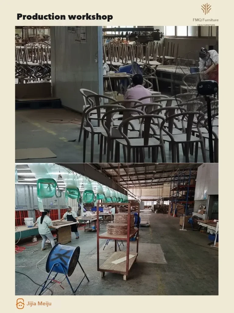 The production workshop of a large Zhejiang export factory, from a home-furnishing account's profile of it: rows of identical chair frames. Lines.