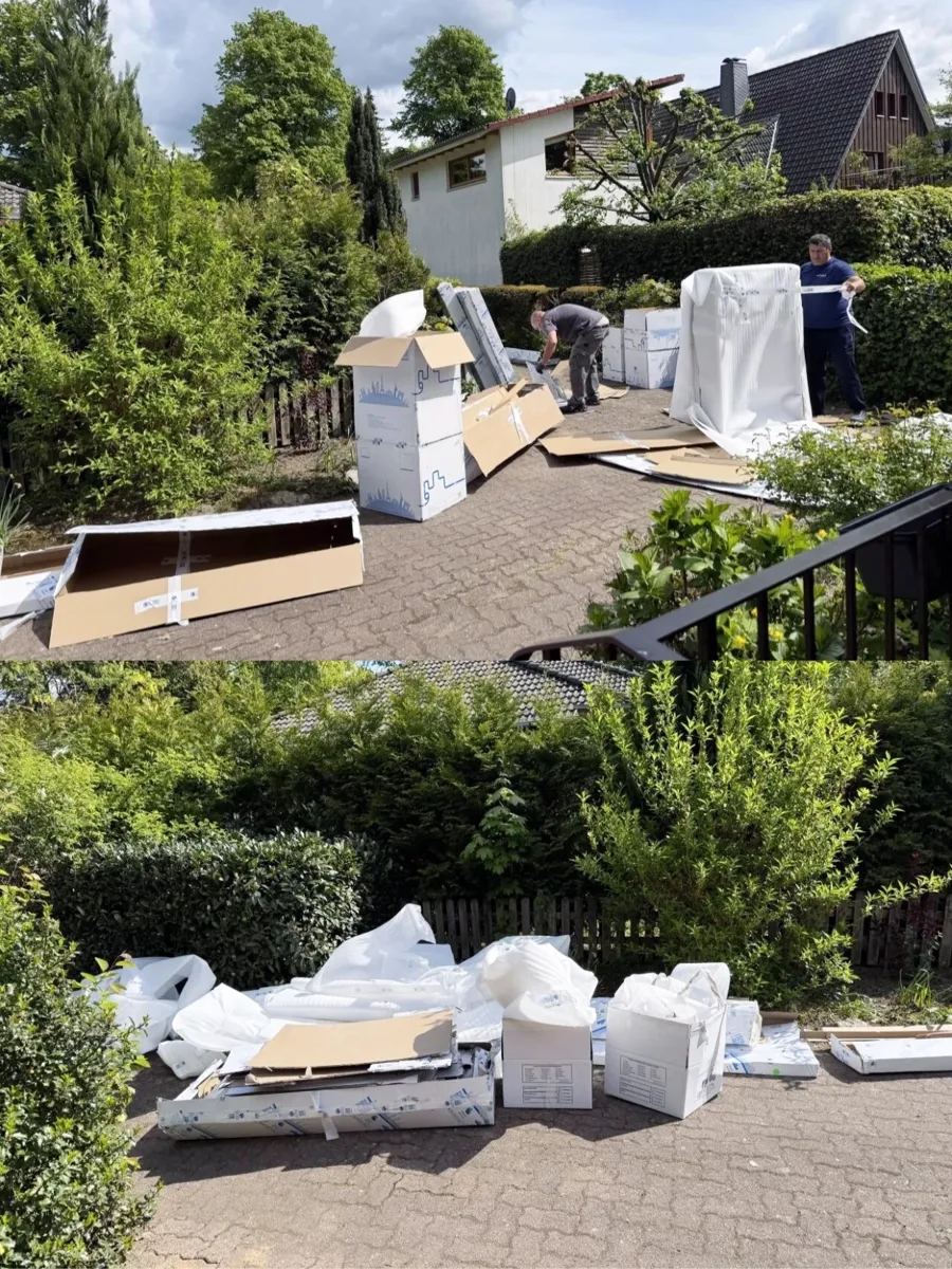 Packaging from a 40-piece shipment piled outside the German buyer's house: keep it until any claim is settled.