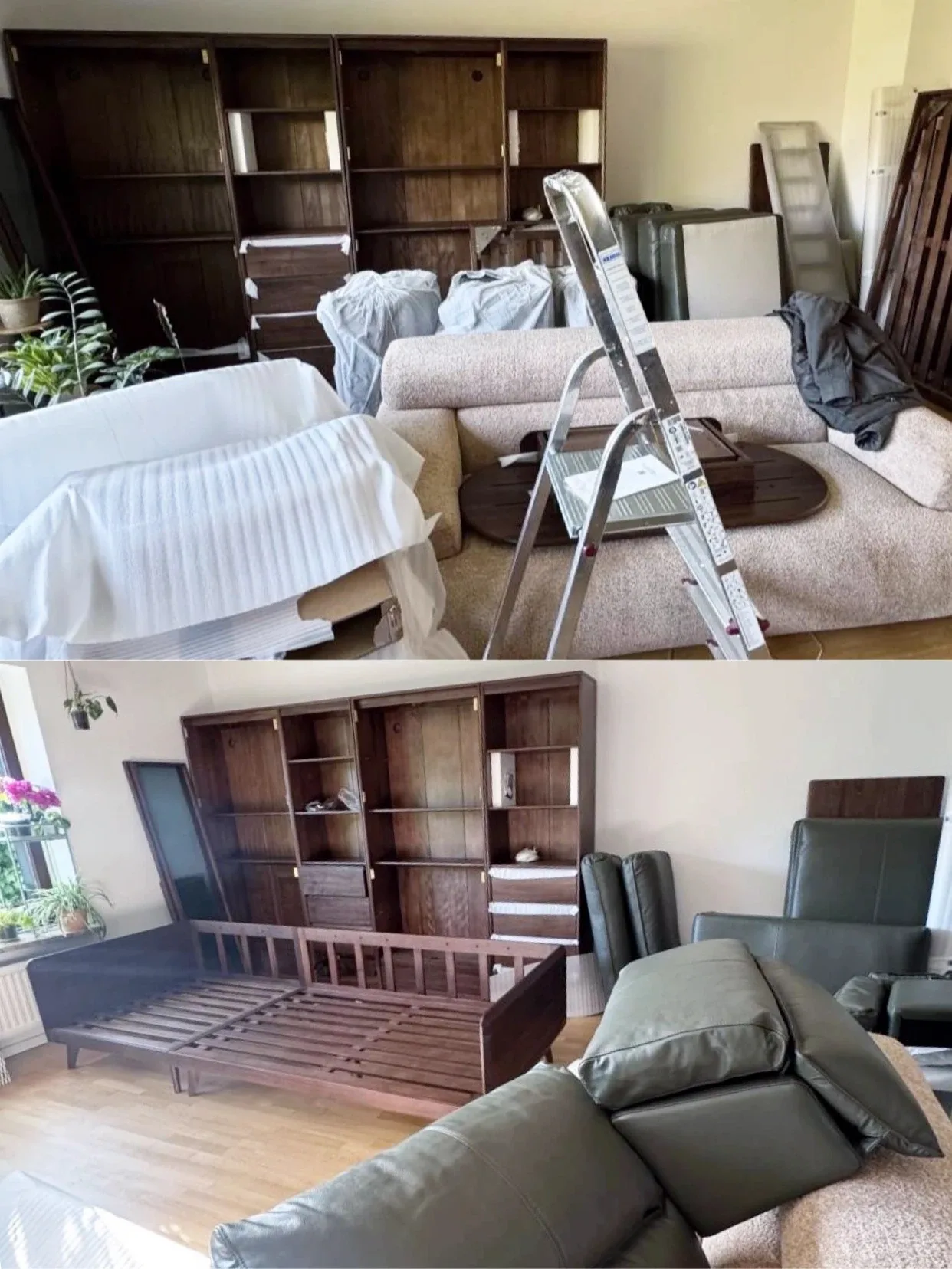 The German buyer's living room mid-unpacking: photograph each piece as it comes out of its wrapping, before anything is thrown away.