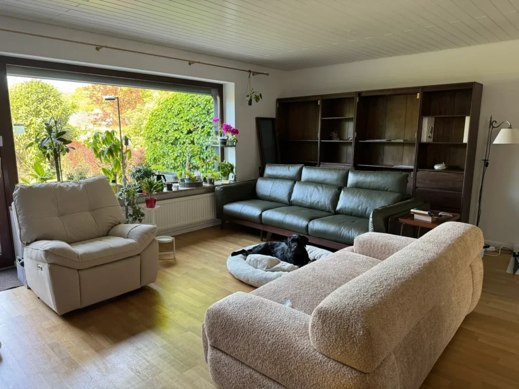The German buyer's living room furnished from her China shipment of about 40 pieces. With a whole home's furniture in one container, the carrier's.