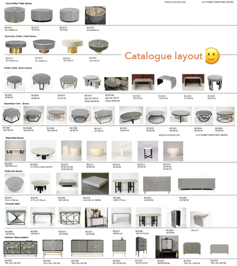 A rebuilt catalogue page from a family furniture factory, grouping tables and cabinets by series with item codes and sizes.