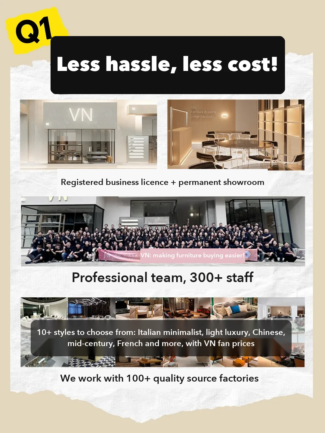 Another Foshan buyer team's credentials post: a business licence, a fixed showroom, 300+ staff and 100+ source factories. Ask to see the licence and.