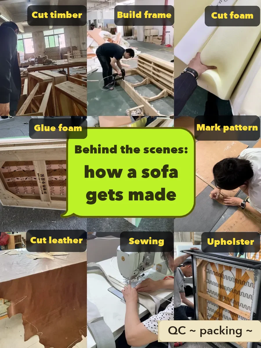 A Foshan sofa maker's post showing each production step — a ready-made checklist for a virtual factory tour.