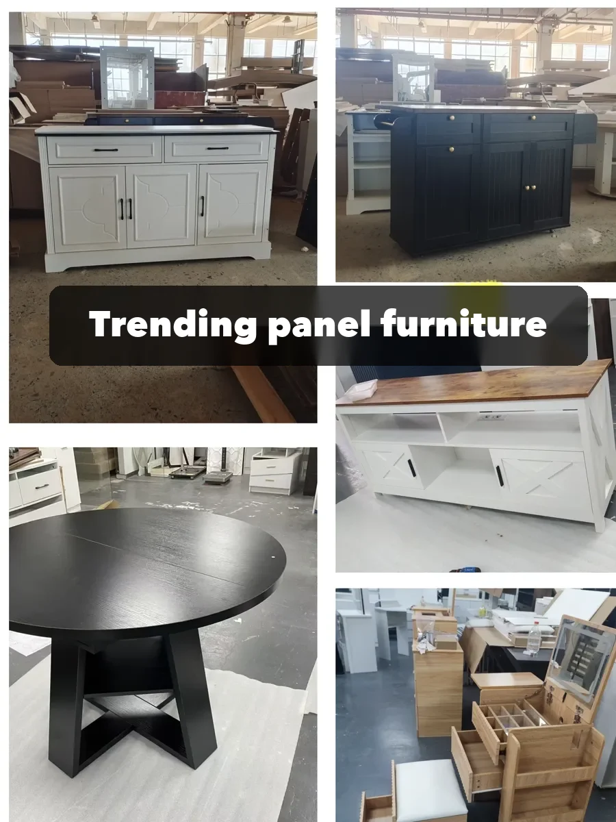Prototype cabinets and tables from an export panel-furniture factory; the factory said some still had detail issues.