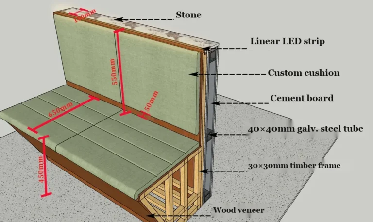 A designer's cross-section of a site-built banquette, with the key dimensions and materials labelled.