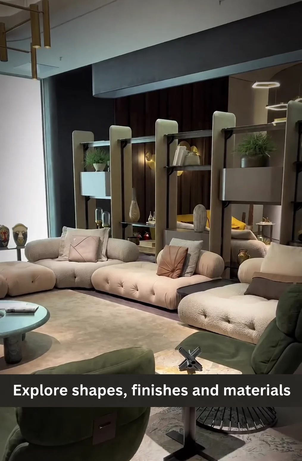 Curved sofas and lounge chairs on display.