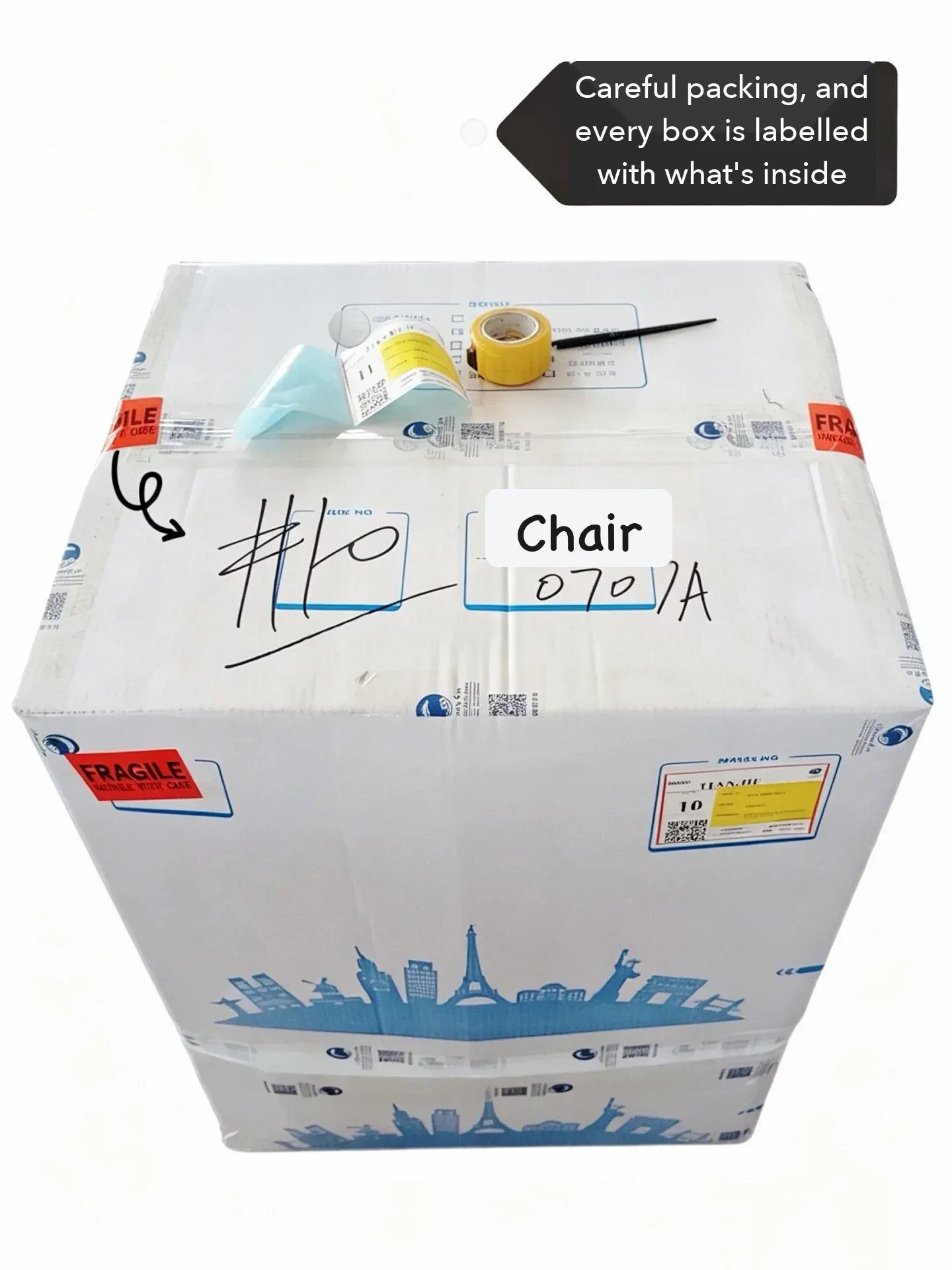 A carton from the same shipment, numbered and labelled with its contents ('Chair'); clear item lists make the customs declaration easier.