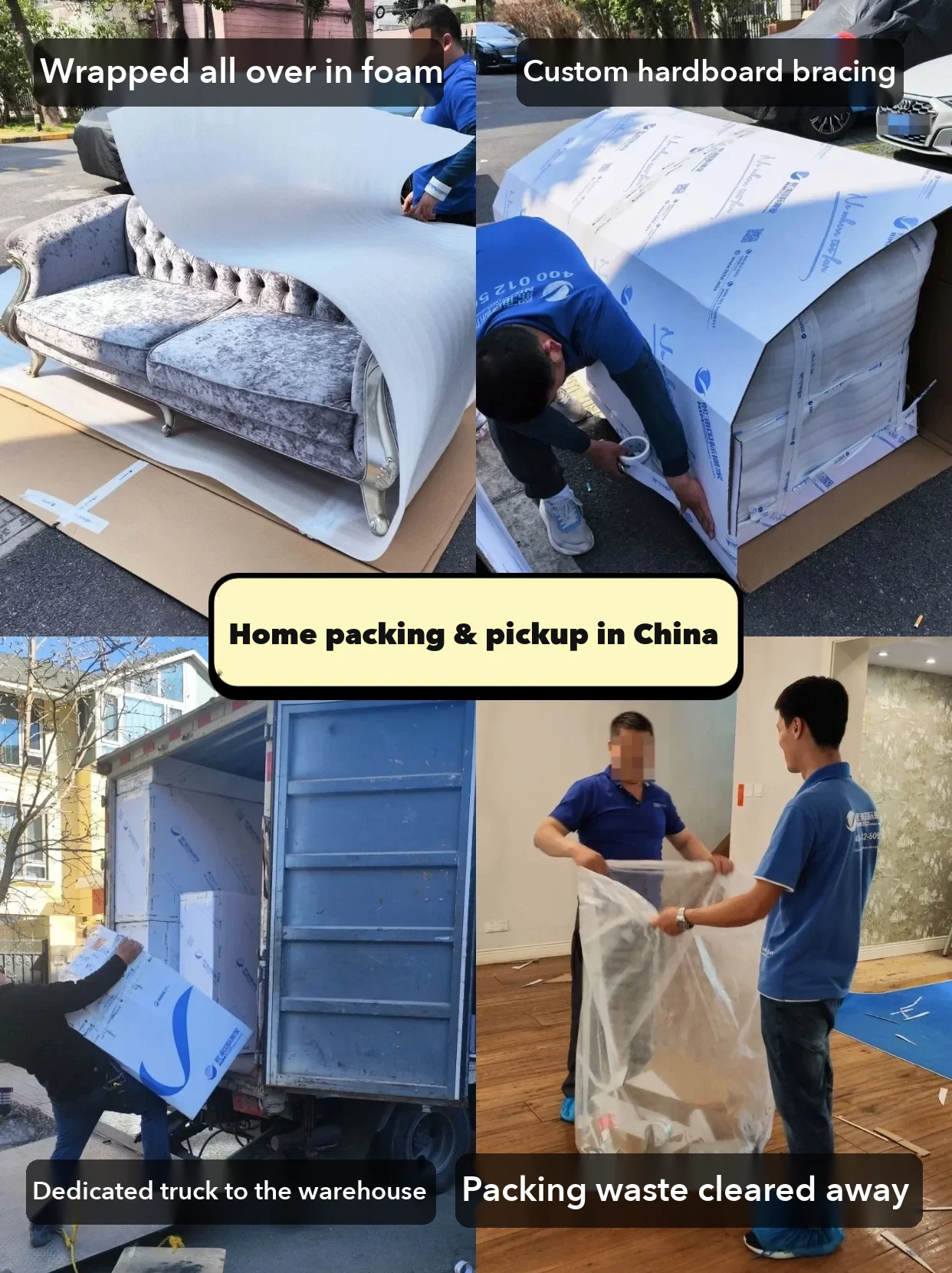 A mover packing furniture at the customer's home in China: foam wrap all over, then custom hardboard bracing.