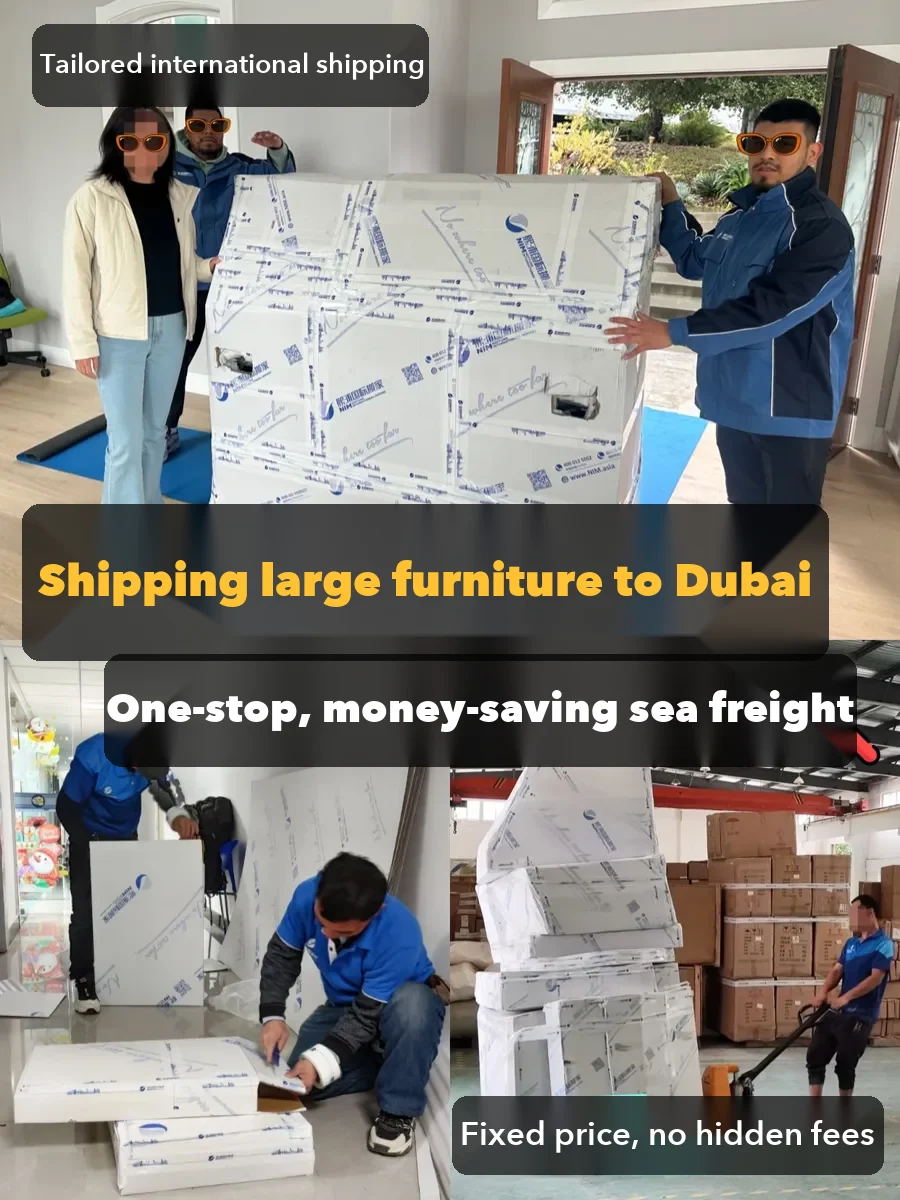Shipping large furniture to Dubai: a wrapped piece delivered to the customer, and packing and loading at the warehouse.