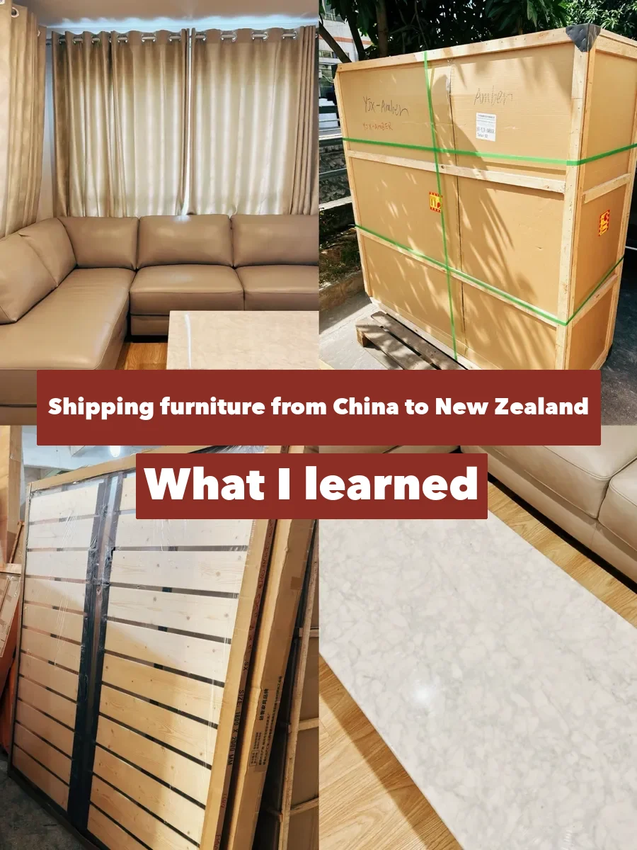 A leather sectional and a wrapped, wood-framed crate from an Auckland buyer's shipping account.