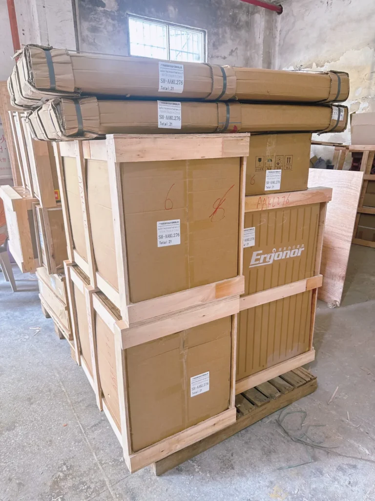 Timber-framed crates on a pallet at a Chinese factory; New Zealand biosecurity expects wooden packaging like this to be treated and certified.