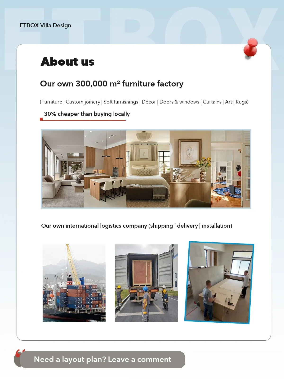A Chinese design-and-build firm's company profile, claiming its own factory and logistics arm for shipping, delivery and installation abroad.