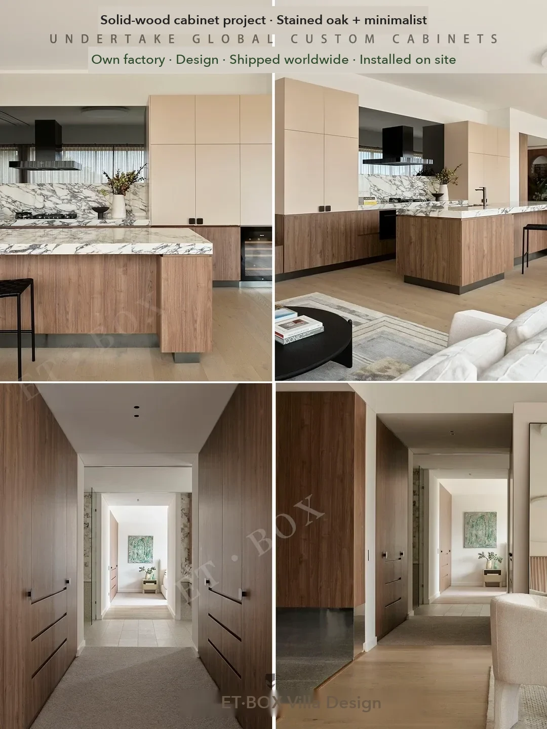 Solid-wood kitchen and wardrobe projects from the same firm, advertised as made in its factory and shipped worldwide with installation.