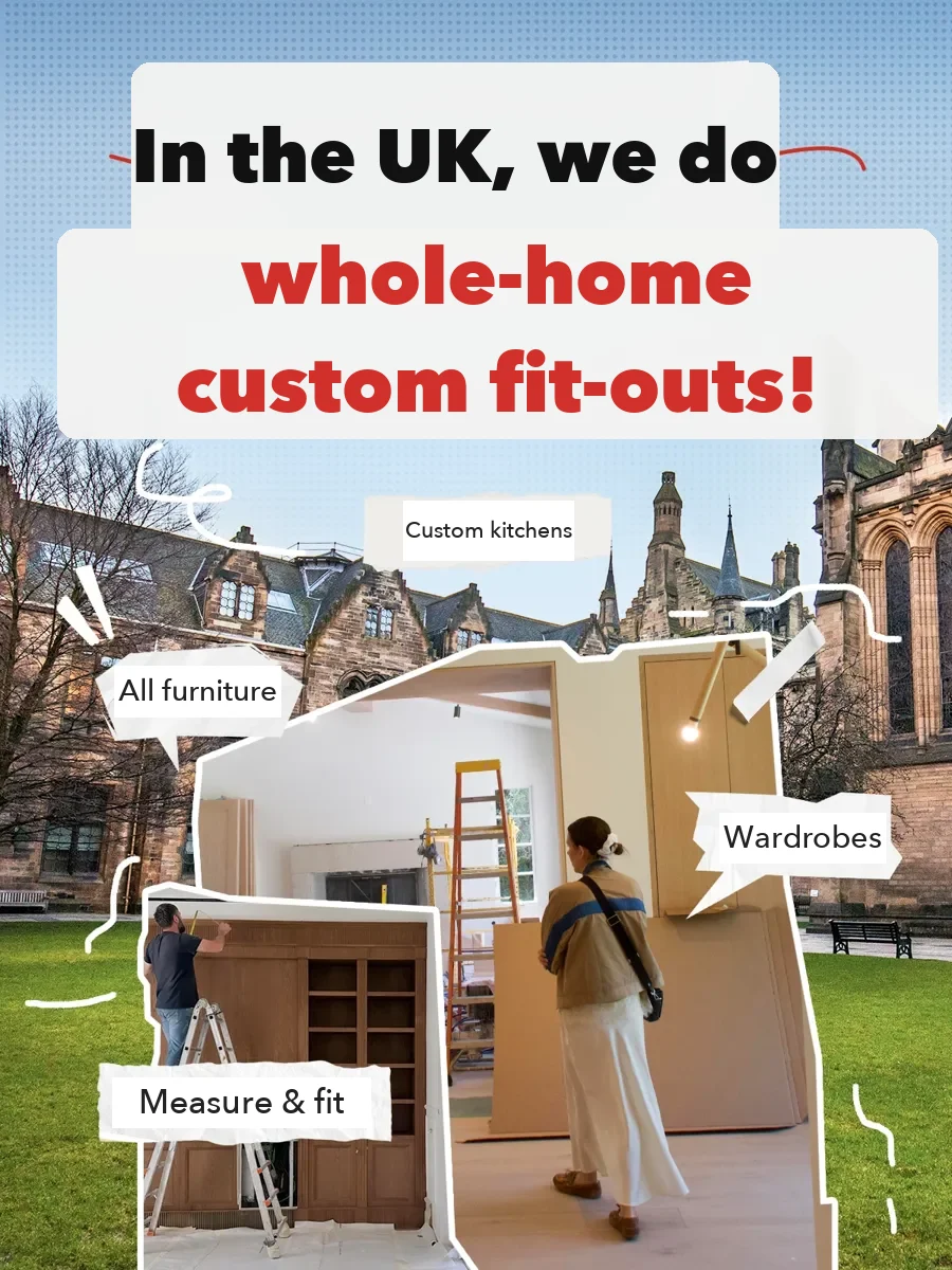 The same firm's advert for whole-home custom furniture in the UK, with measuring and installation on site.