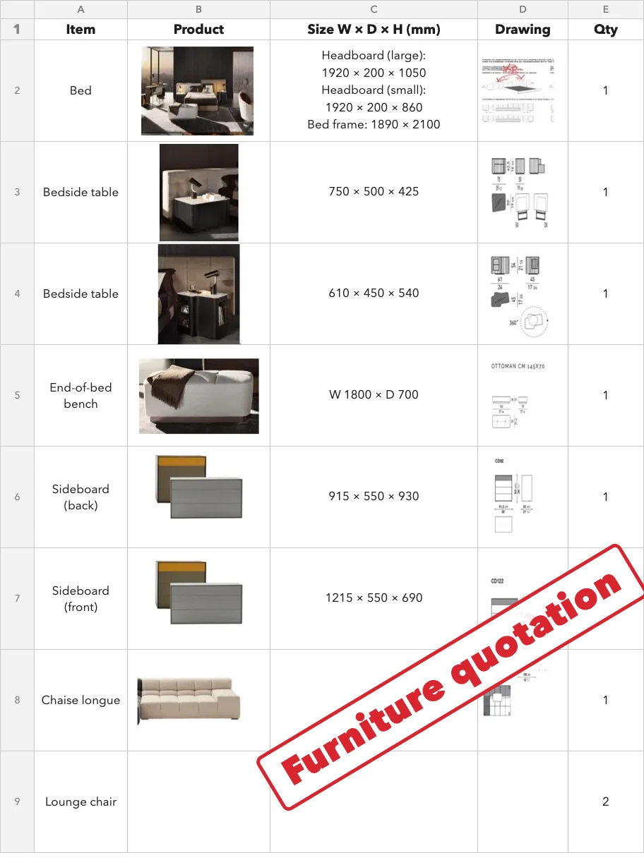 A Guangdong factory's quotation template: item, product image, size W × D × H in millimetres, drawing and quantity on every line.