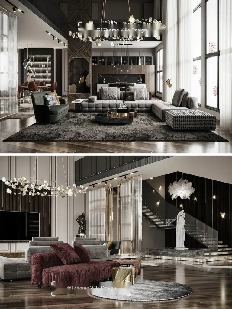 A double-height living room from a Shanghai villa design firm's showcase post — a seller promotion showing the render-quality finish developers aim.