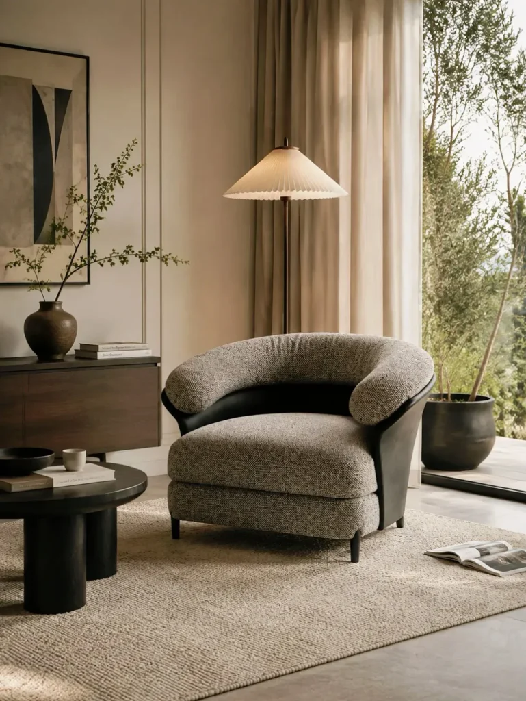 A furniture brand's styled corner: armchair, floor lamp, rug, side table and sideboard. A whole-home package covers all of these, not just the sofa.