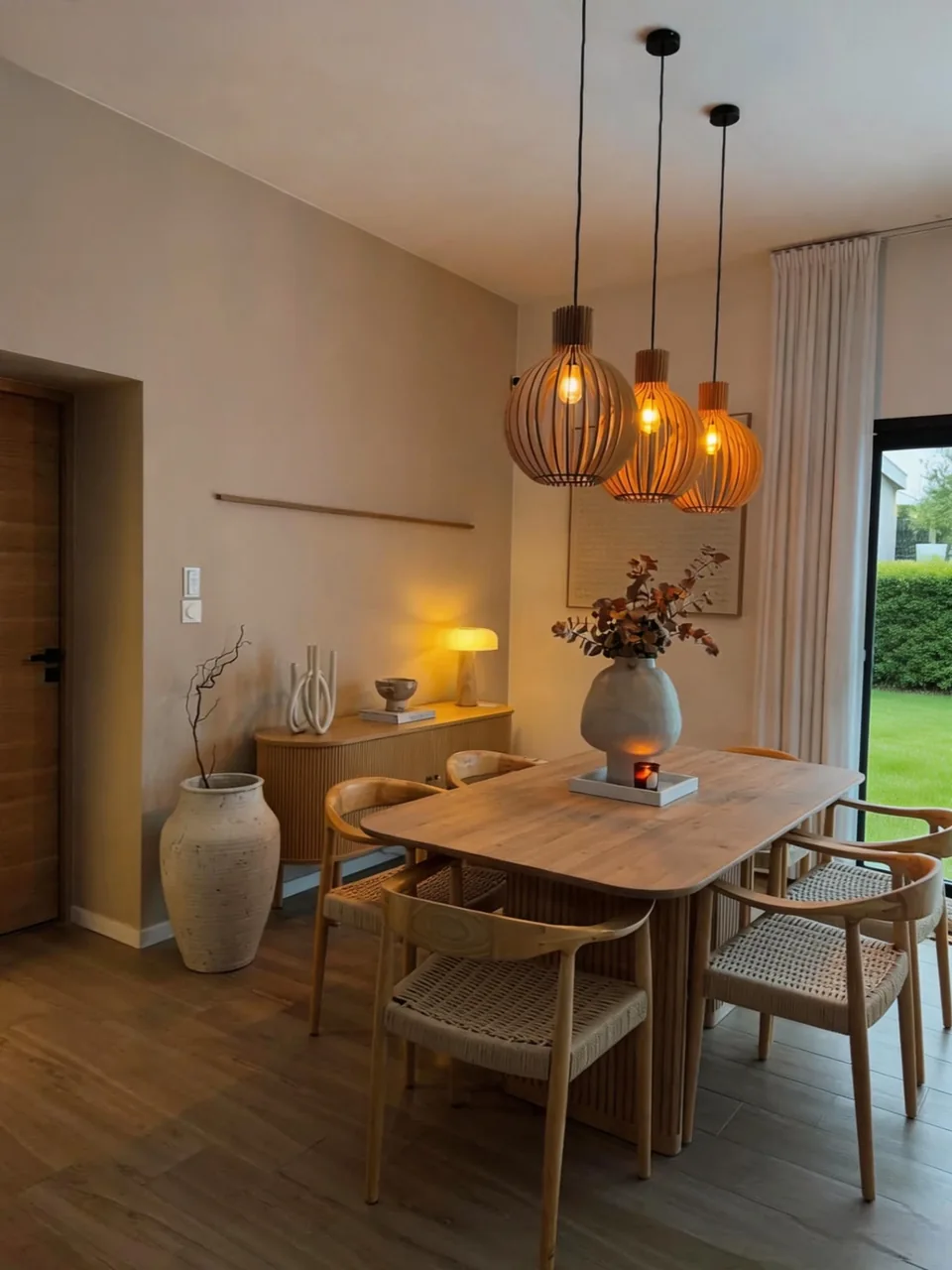 Dining table and chairs beneath pendant lighting