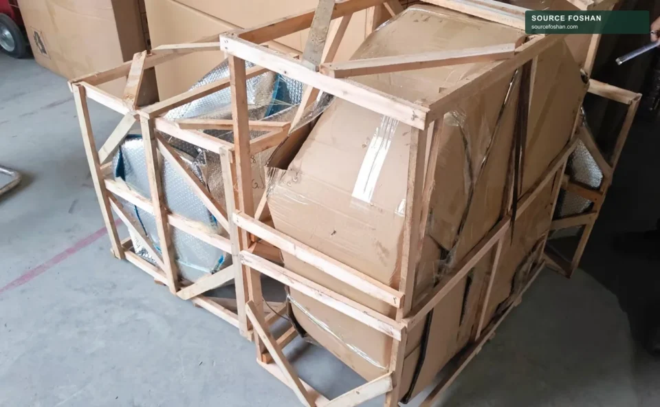 Furniture protected inside a timber-framed package in the warehouse