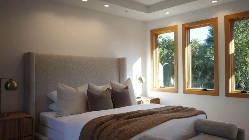 Upholstered bed and bedside furniture in a Palo Alto bedroom