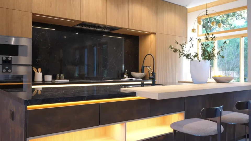 Wood-tone kitchen cabinets and a contrasting island in Palo Alto