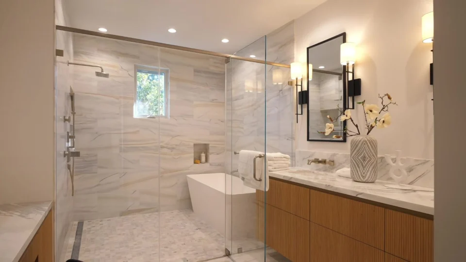 Double-basin bathroom vanity with wood-tone cabinets