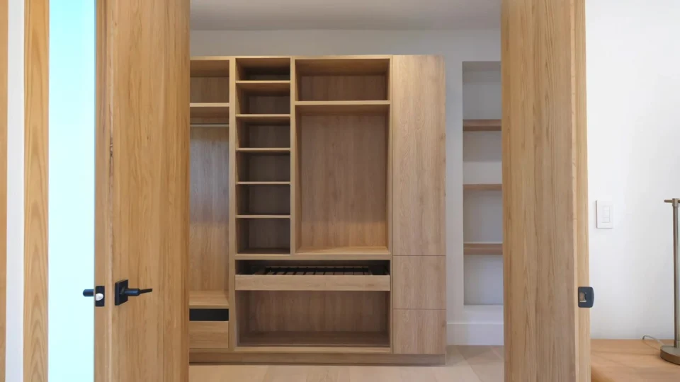 Fitted wardrobe with hanging sections, shelves and drawers