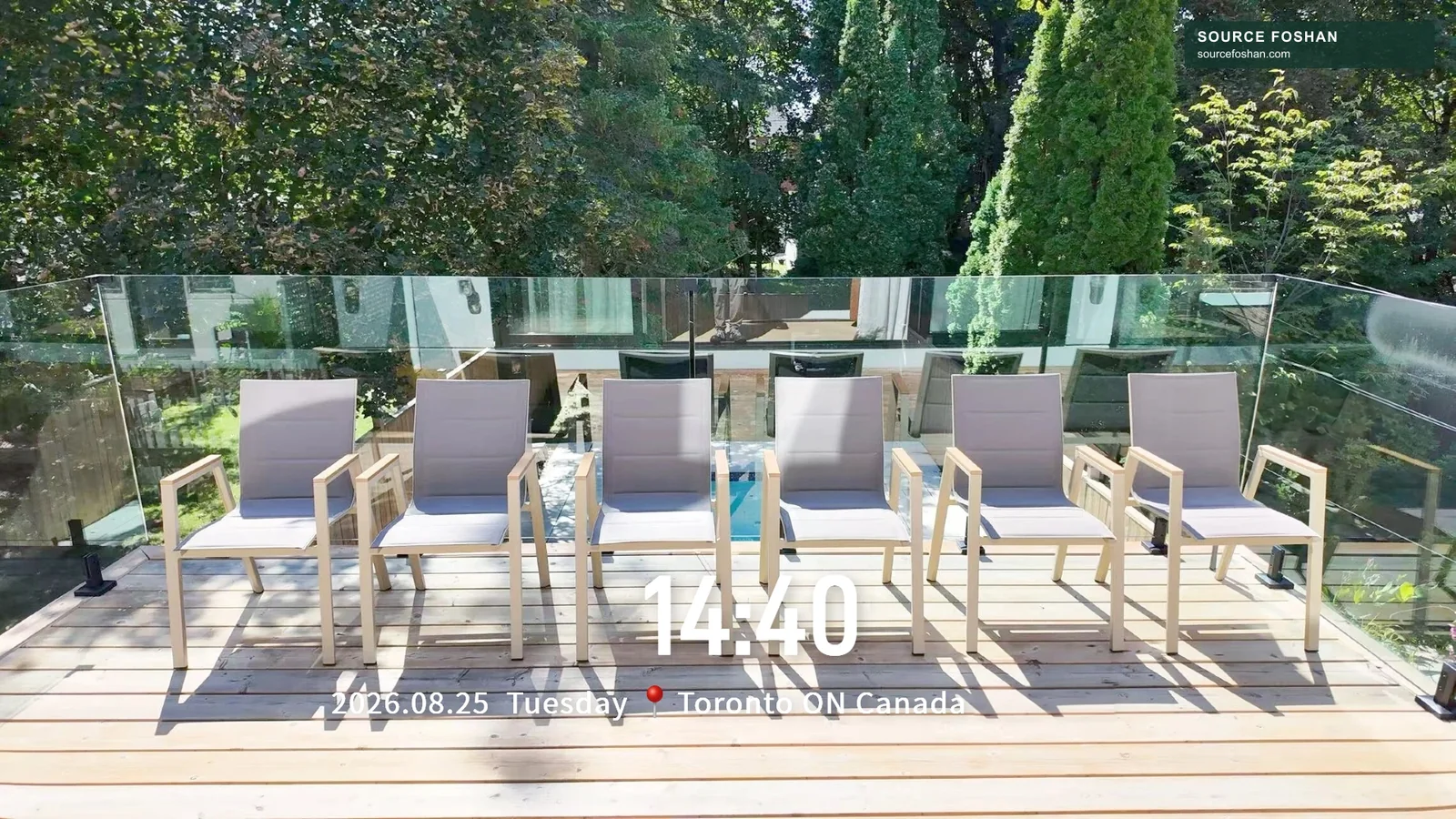 Six outdoor chairs placed on a Toronto residential terrace