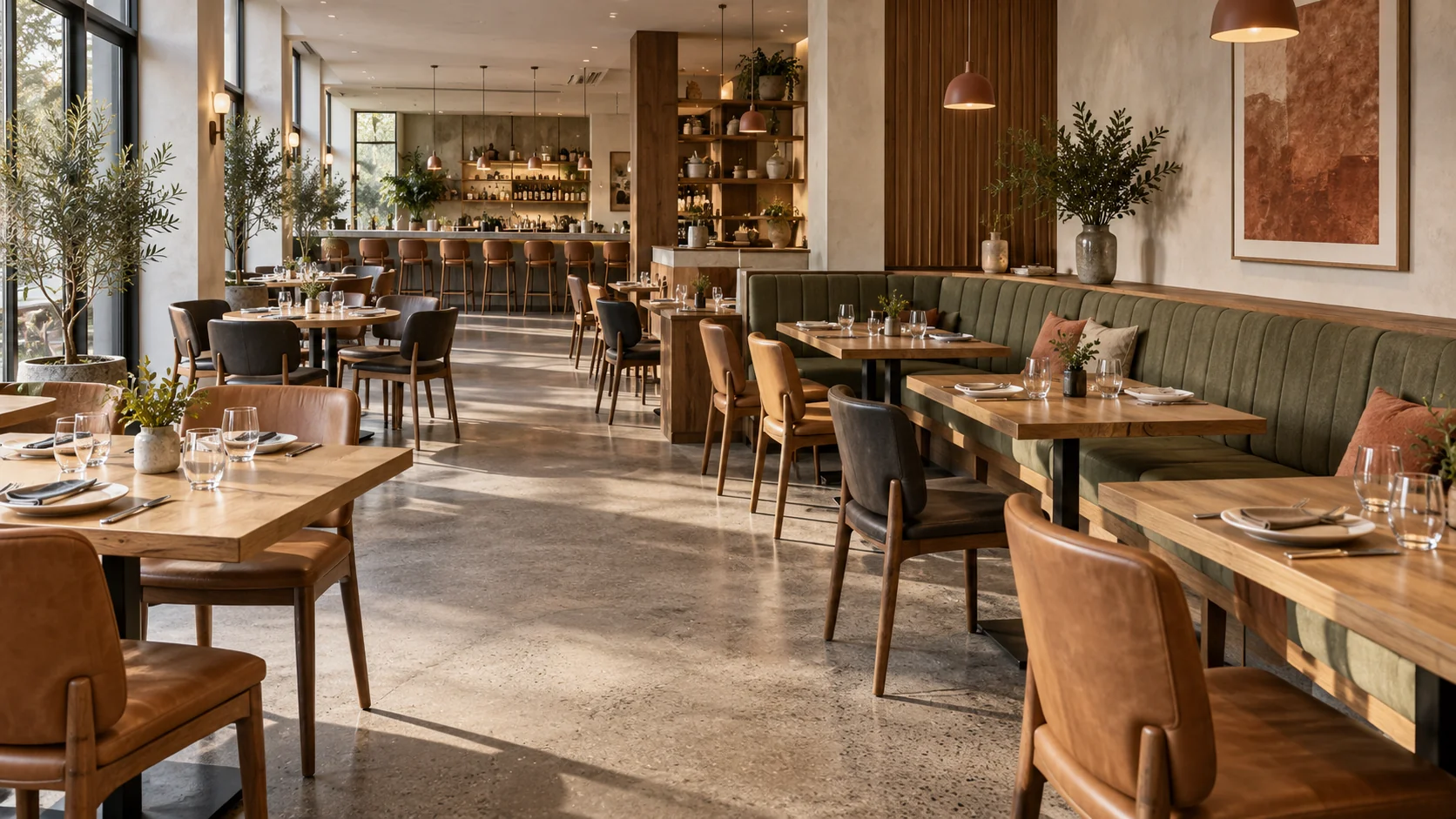 AI-generated restaurant concept with timber dining tables, upholstered chairs, green banquettes and bar seating