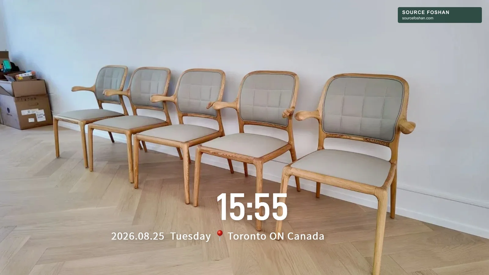 Five upholstered timber dining chairs photographed during Source Foshan's Toronto residential delivery