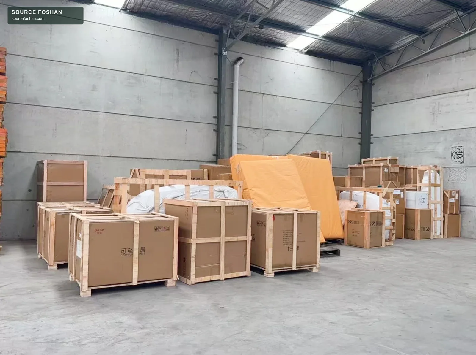 Furniture cartons with timber protection in the Sydney project warehouse